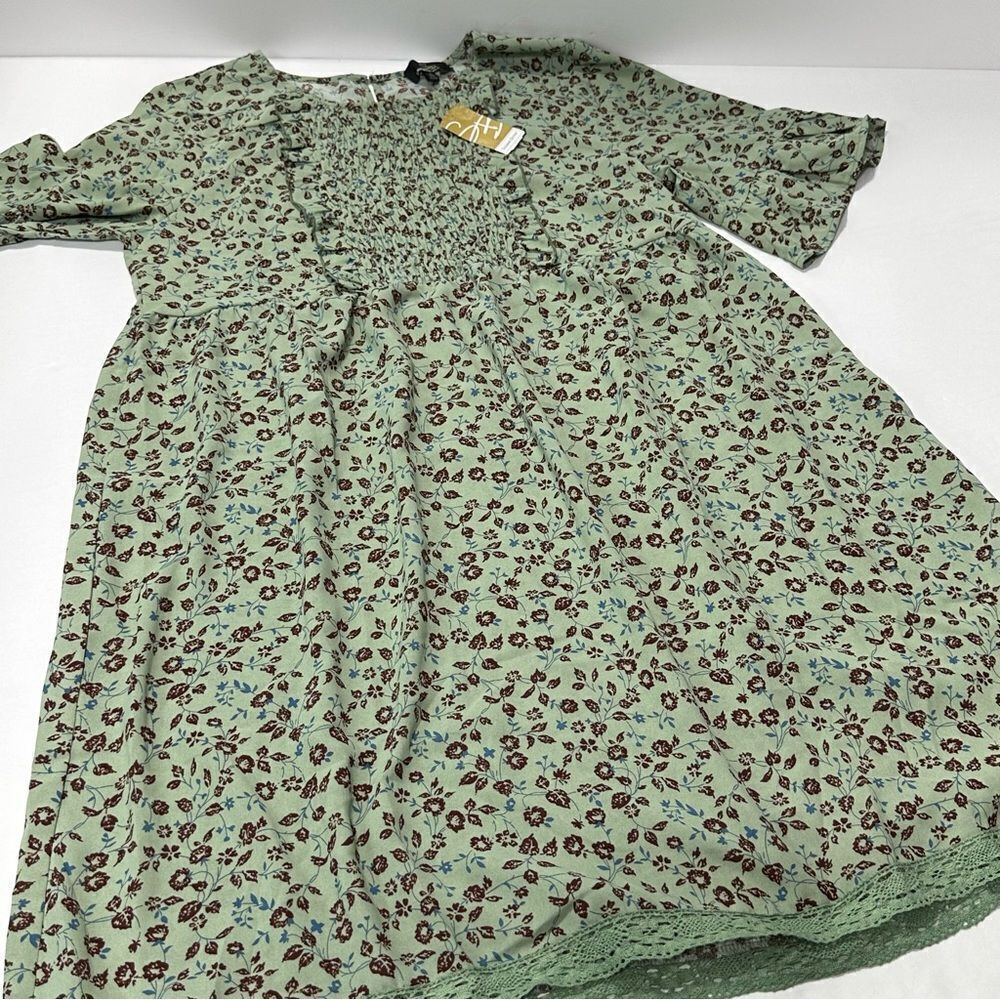 Smocked Floral Midi Dress in Sage Green